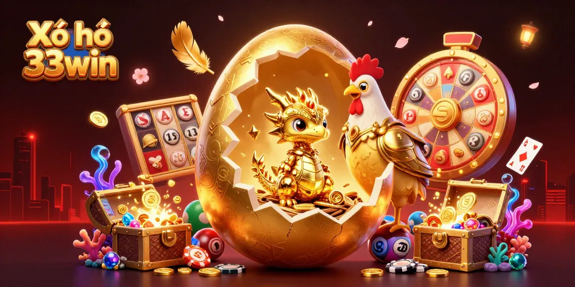 Xổ số 33win showcases a golden dragon amidst vibrant gambling elements, emphasizing lottery and casino thrills.