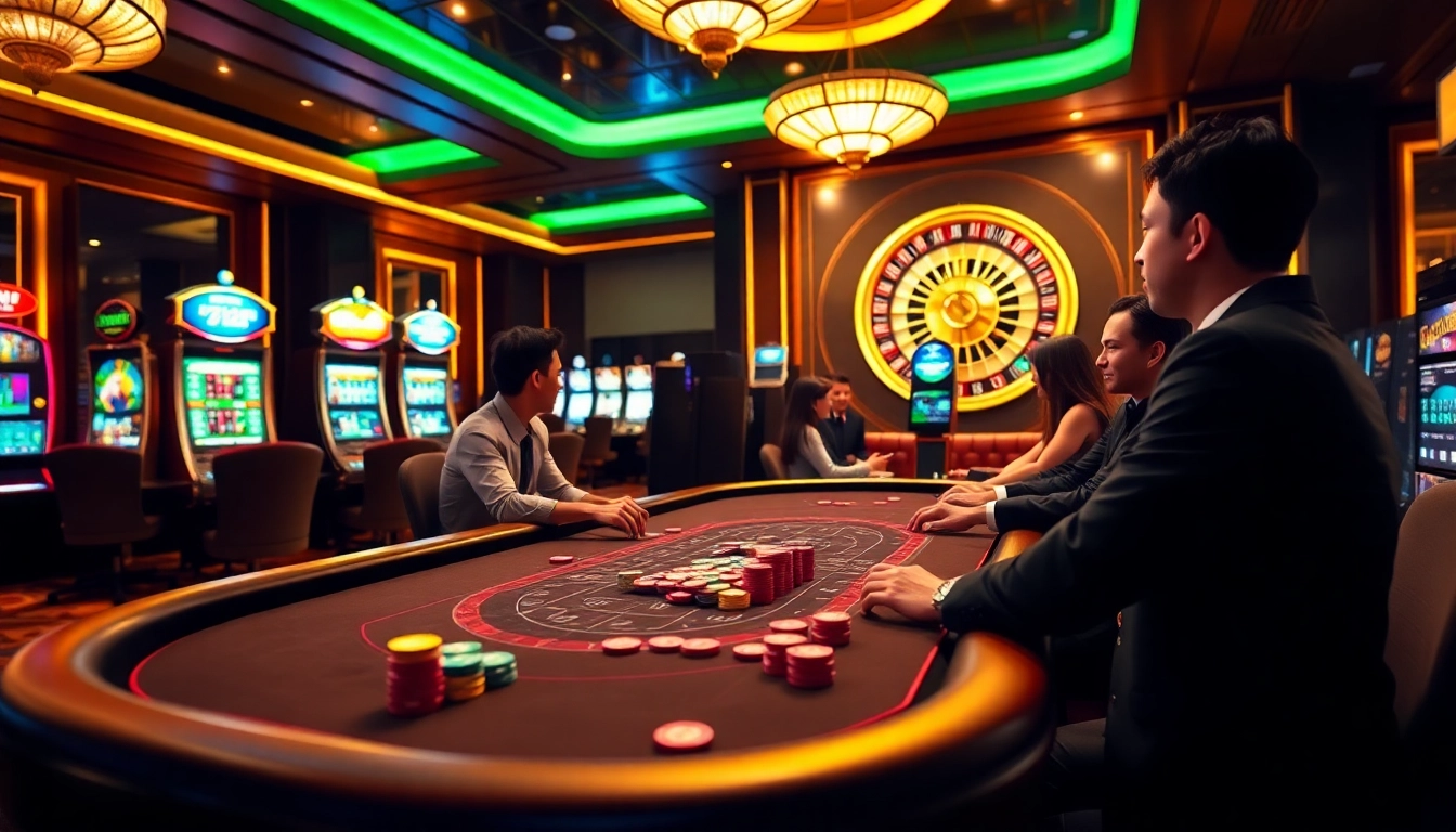 Gamble at GG88 with vibrant slot machines and a stylish poker table.