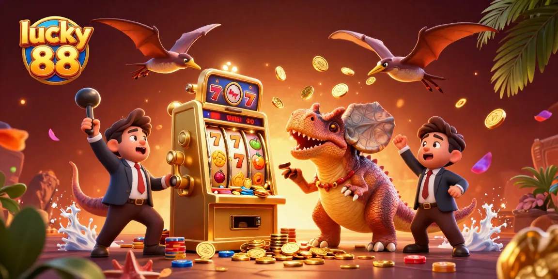 Experience the excitement of lucky 88 with a pachycephalosaurus and slot machine in this dynamic casino scene.