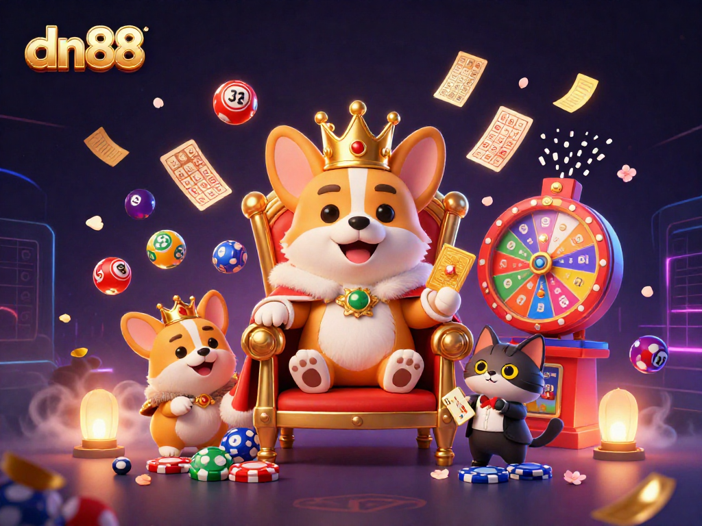 Experience the thrill of dn88 with playful corgis, colorful lottery elements, and dynamic gaming ambiance.