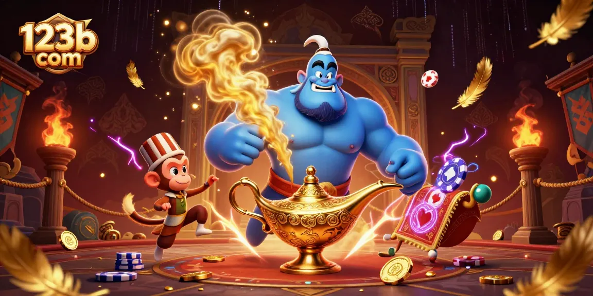Join the action at 123b com with a magical scene showcasing a genie and poker chips in a vibrant casino.