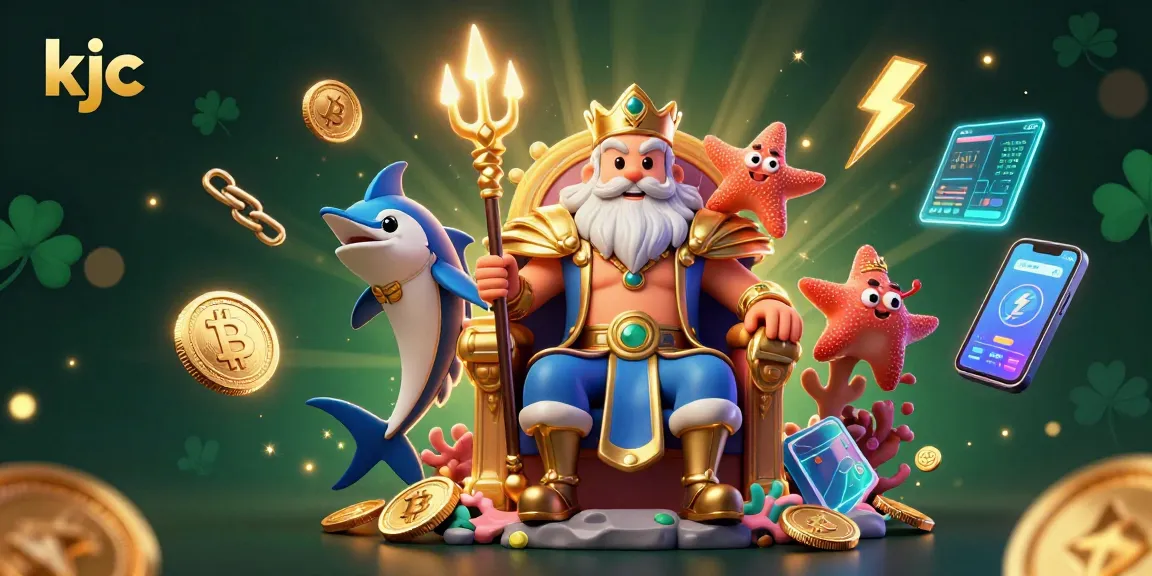 Play slots and win at KJC with Neptune and friends in a vibrant casino scene.