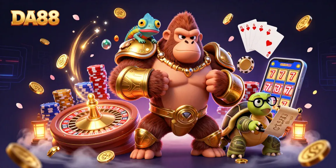 Engage with DA88's exciting gaming scene featuring a gorilla king and dazzling casino elements.