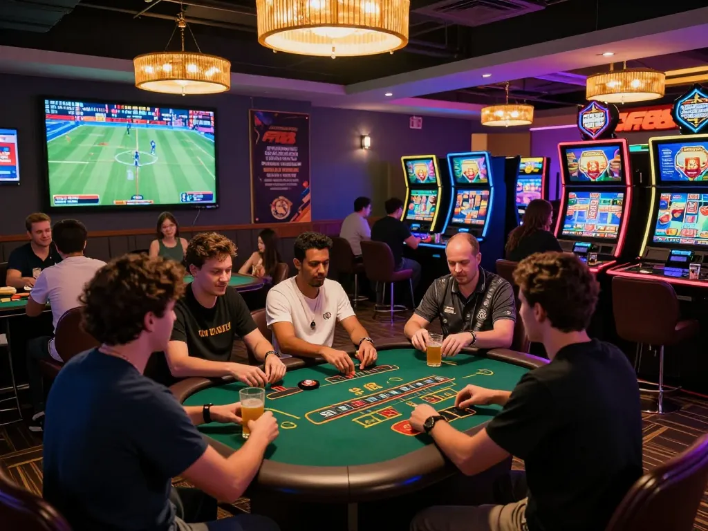 F168 vibrant gaming atmosphere with diverse players engaged in sports betting and casino games.