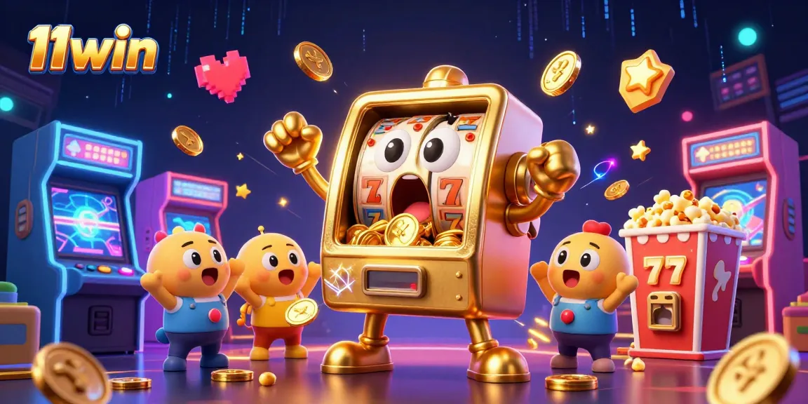 Engage with the 11win slot experience, featuring a golden slot machine hitting a jackpot amidst a vibrant casino scene.
