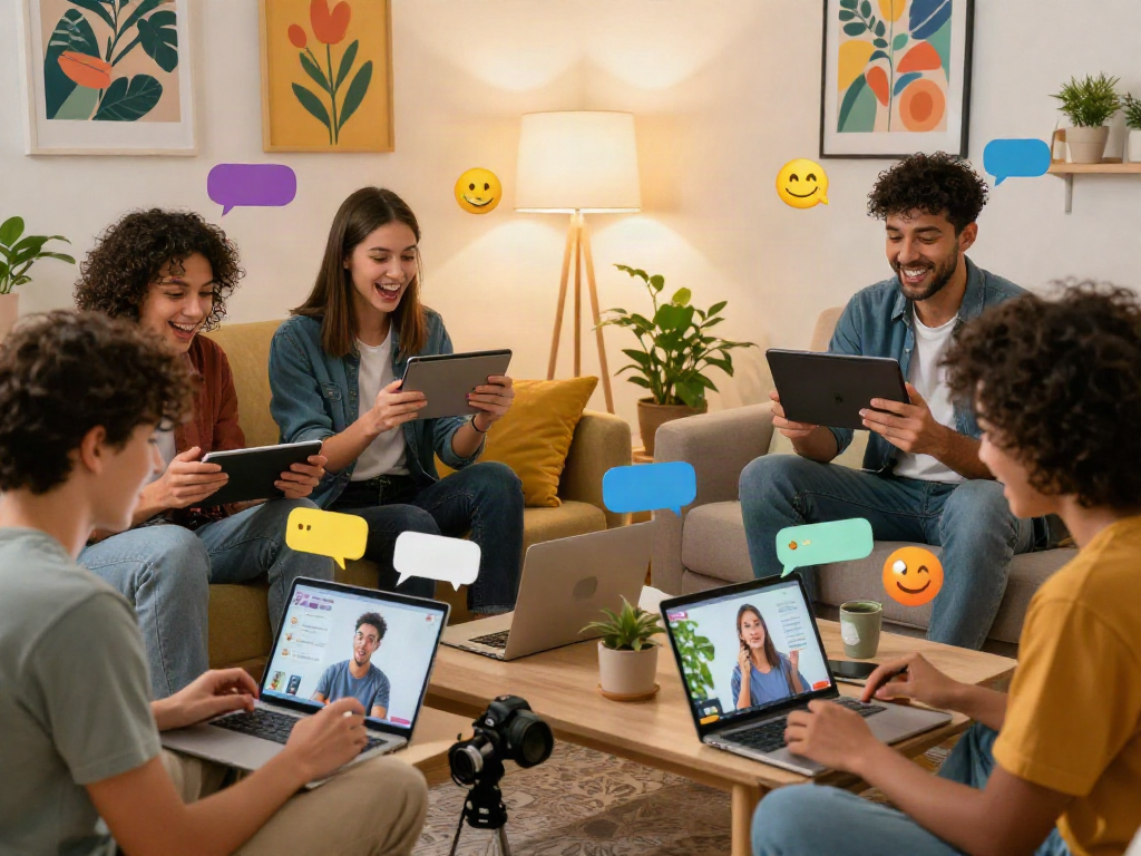 Friends engaged in a lively online conversation showcasing spicy chat ai interaction in a cozy living room setting.