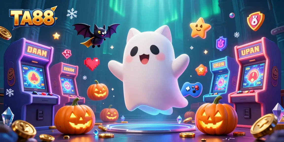TA88 ghost cat hovers in a haunted casino, surrounded by glowing slot machines and game elements.