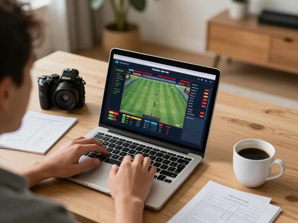 BCX88 player placing bets on live sports through a laptop, vibrant home office setting.