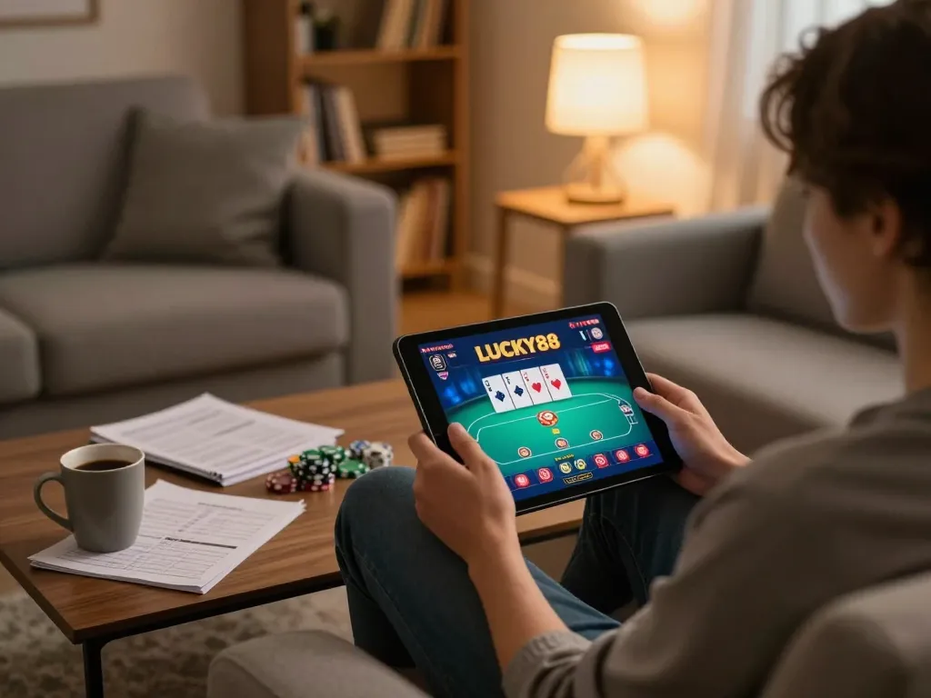 LUCKY88 player engaging in online poker strategy from home using tablet.