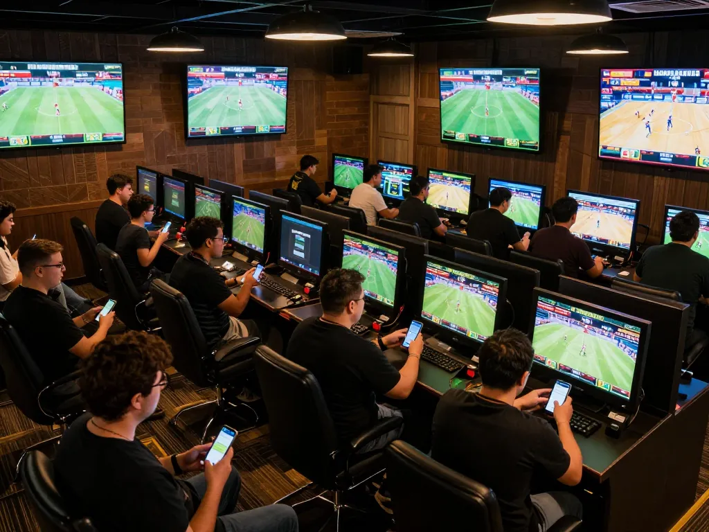Engaged bettors using NK88 platform to place bets during live sports events with multiple screens