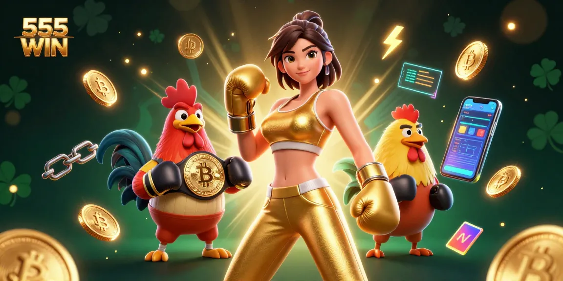 Experience thrilling victories at 555 WIN with dynamic visuals of boxing champions and crypto excitement.