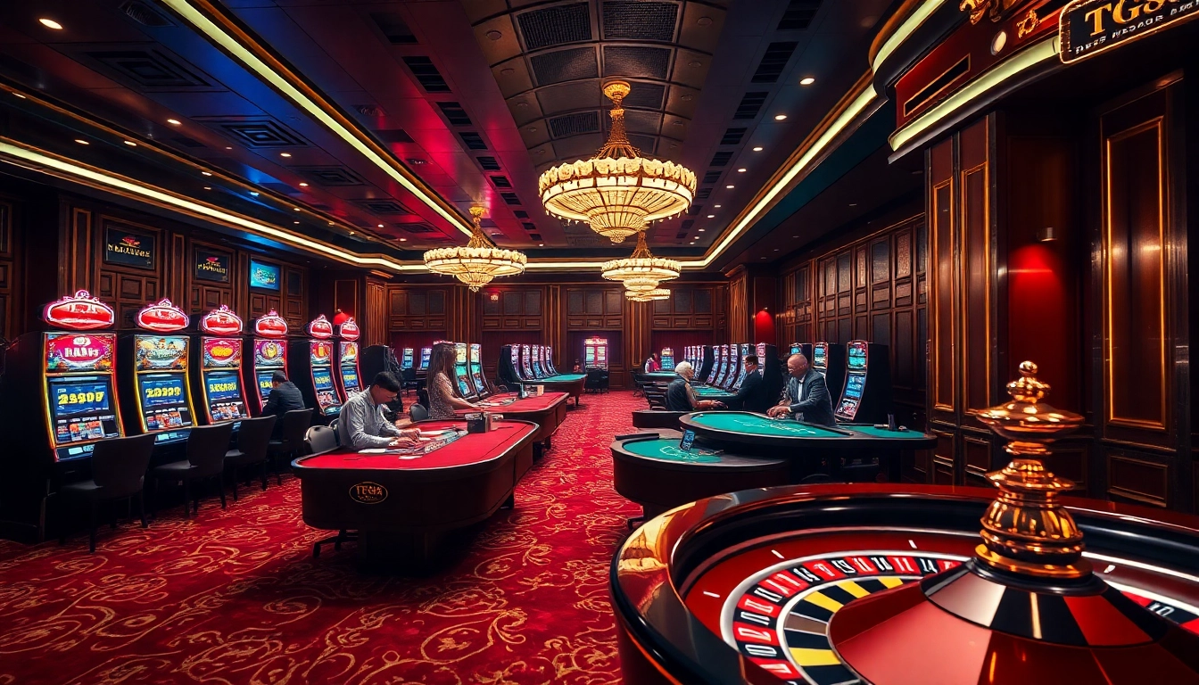Experience the thrilling atmosphere of tg88 with luxurious casino tables and vibrant slot machines.