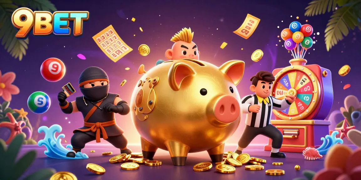 Experience the thrill of 9BET with dynamic characters and vibrant gaming elements in this 3D illustration.