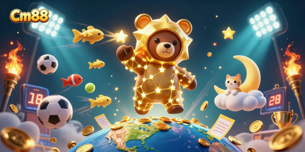 Experience the thrill of Cm88 with a dynamic scene featuring golden stars, sports elements, and joyful characters.