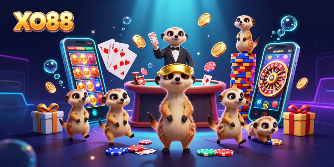 Win big at XO88 with a lively meerkat casino, showcasing slot games and dealer action.