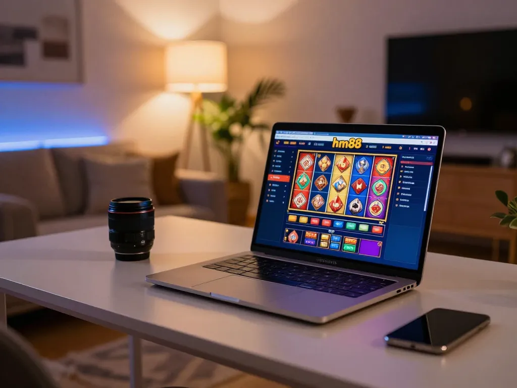 Engaging with hm88 gaming platform on a stylish laptop, showcasing online casino excitement