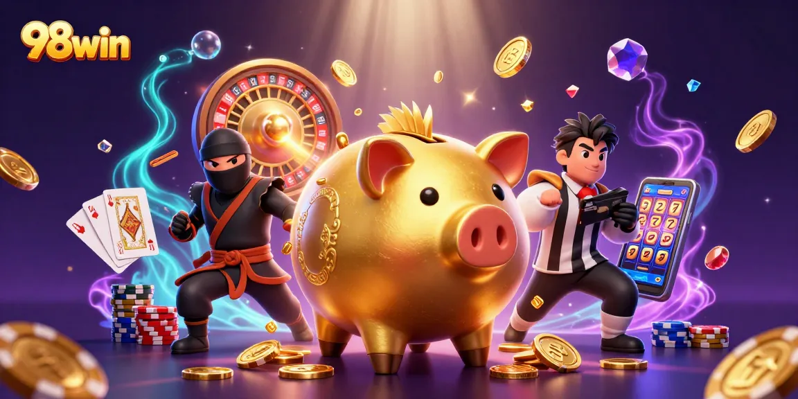 Experience 98win excitement with animated characters interacting amidst flying coins and vibrant casino elements.