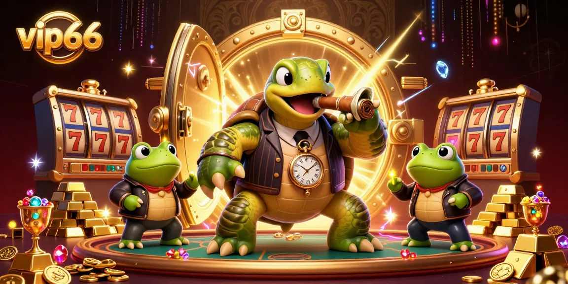 Engage the excitement of vip66 with a 3D scene featuring a turtle mobster surrounded by casino treasures.
