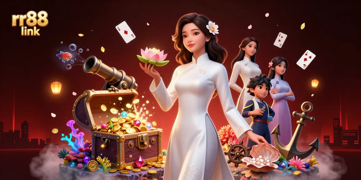 Engage with the rr88 link casino experience in a dynamic 3D illustration showcasing games, vibrant colors, and an elegant character.