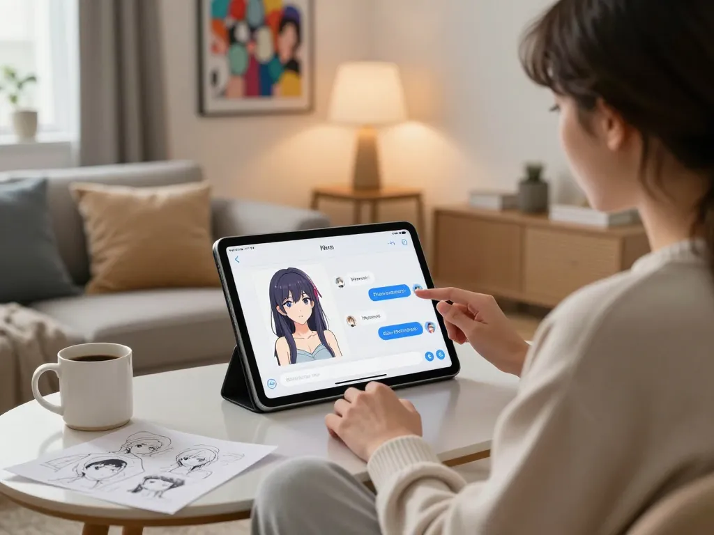 Engaging in hentai ai chat with an AI character on a sleek tablet in a modern living room.