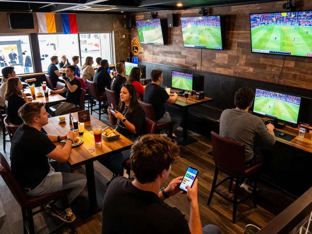 Net88 app displayed on smartphone while sports fans enjoy live betting atmosphere in a lively sports bar
