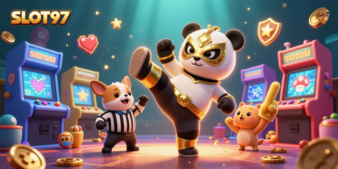 SLOT97 animated scene featuring a panda wrestler kicking while chihuahua referee counts, illustrating casino excitement