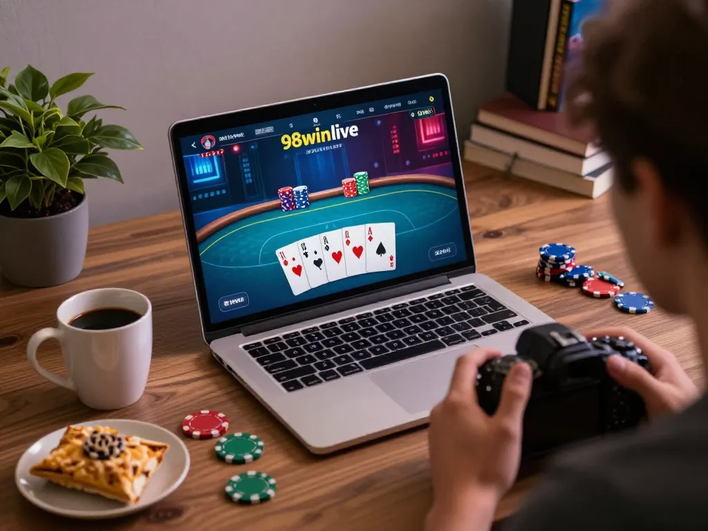Playing poker strategically on 98winlive platform with engaging visuals and cozy setup.