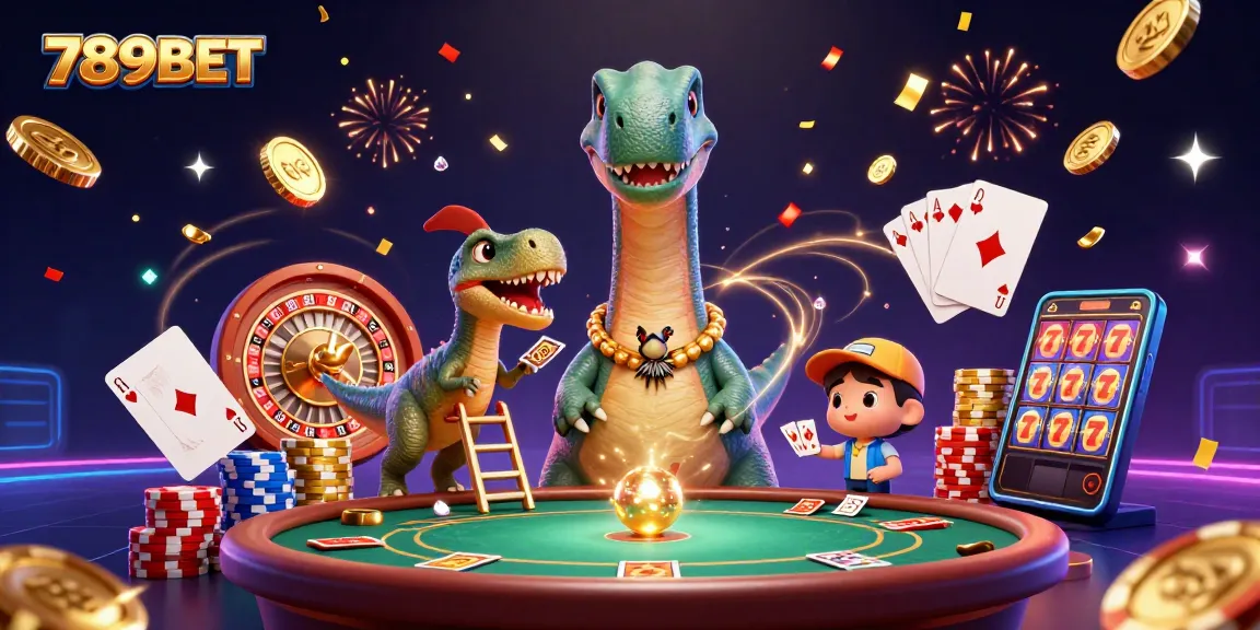 Experience the thrill of 789BET with vivid 3D casino action featuring a brontosaurus dealer and dynamic game elements.