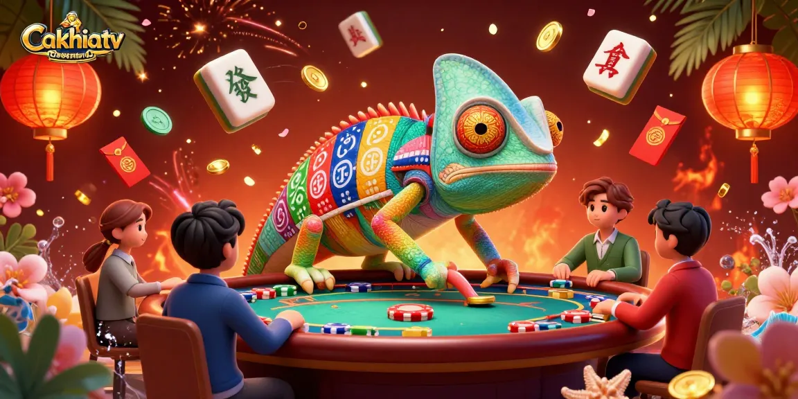Cakhiatv chameleon casino owner energetically overseeing a vibrant casino scene, capturing the thrill of gambling.
