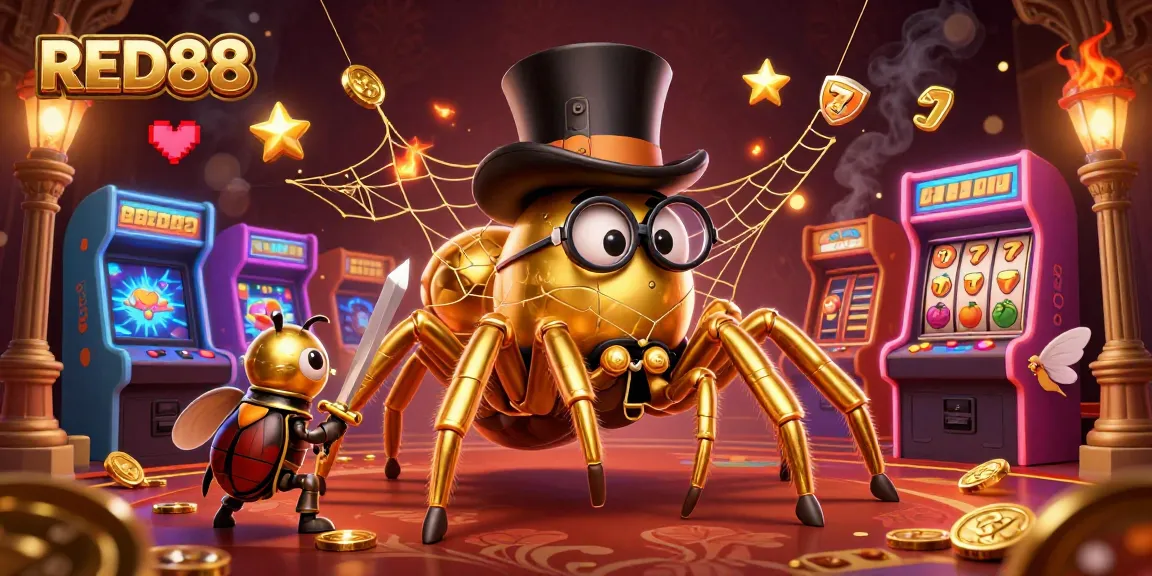 Experience the excitement with RED88's golden spider and knight amid a vibrant casino scene.