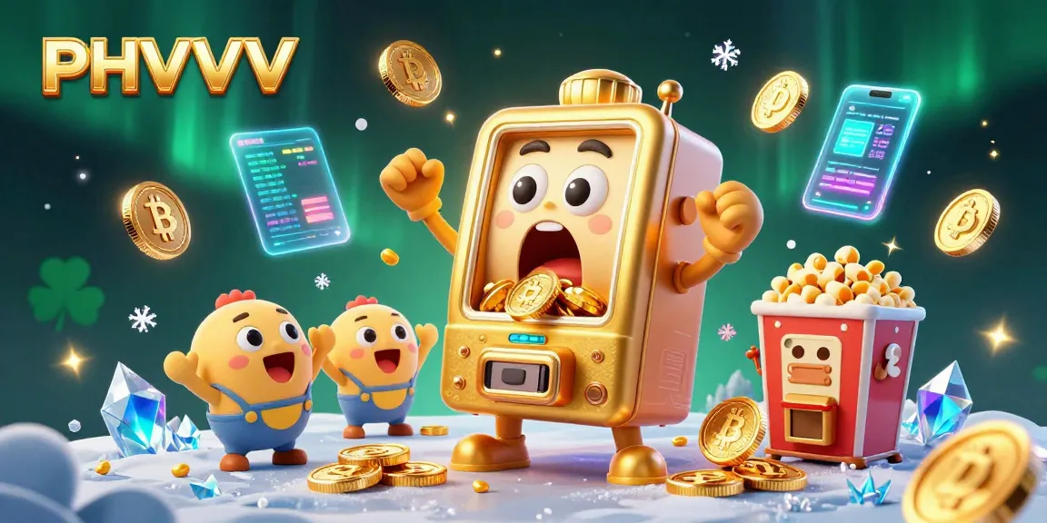 Engaging PHVVV scene featuring a cartoon golden slot machine winning, surrounded by cheering baby machines and crypto elements.