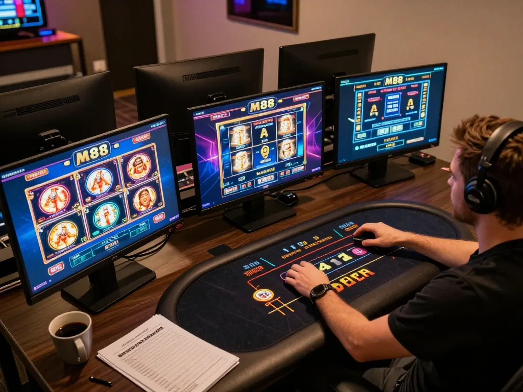 M88 online gaming experience with player engaged in multiple casino games at home, showing excitement and strategic play