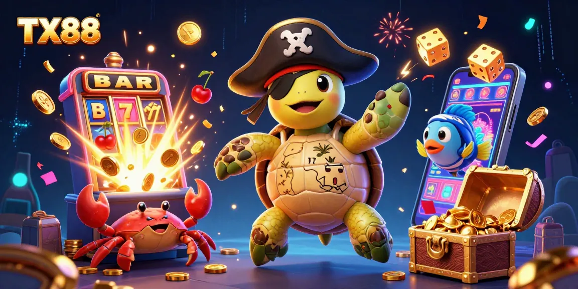 Immerse in TX88 with a vibrant scene of animated characters celebrating wins over jackpot treasures, revealing thrilling casino excitement.