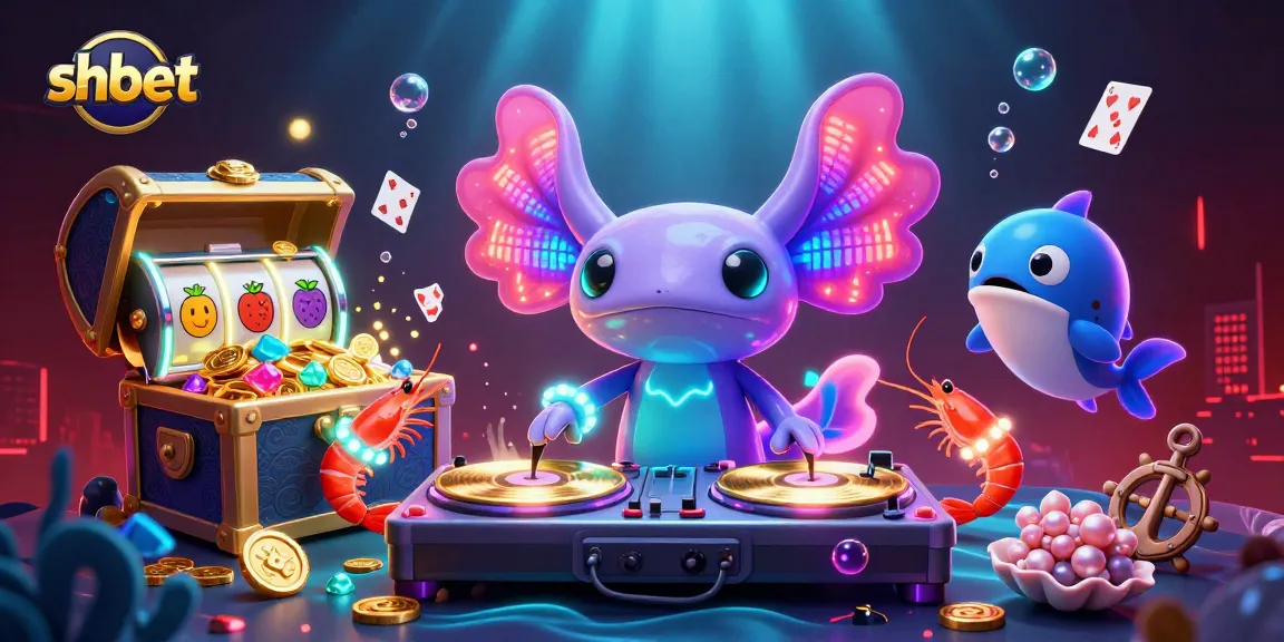 Experience shbet's vibrant casino atmosphere with a neon-colored axolotl DJ and dynamic game elements.