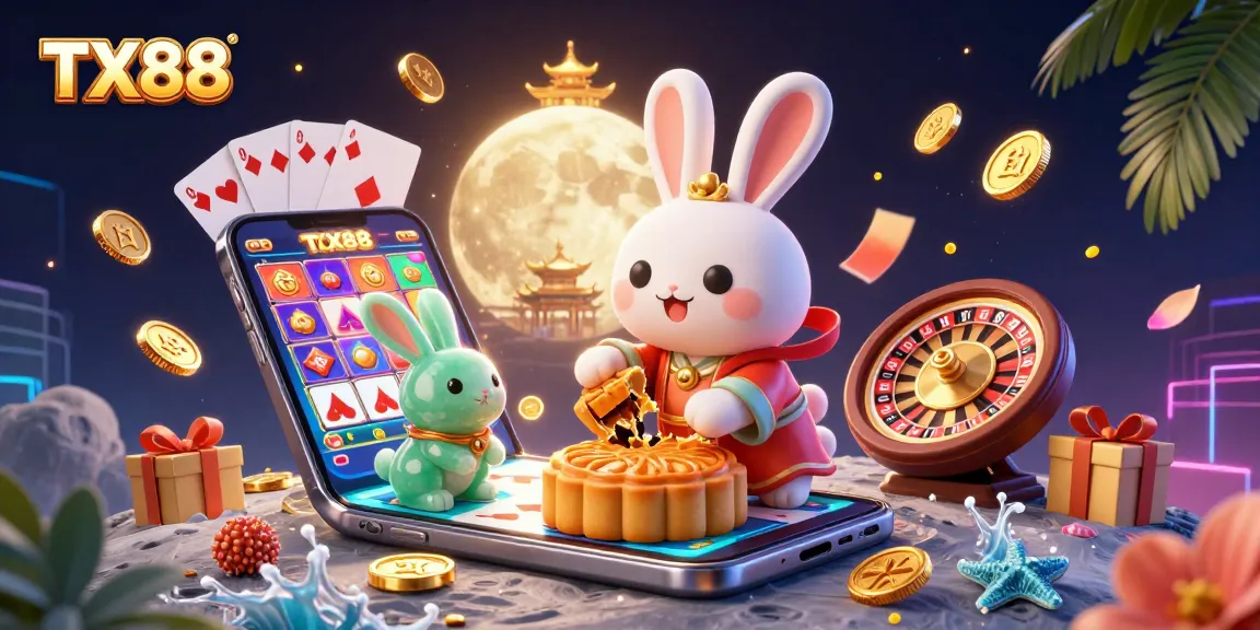 Experience the excitement of TX88 as a moon rabbit celebrates with golden poker chips and casino games on the moon.