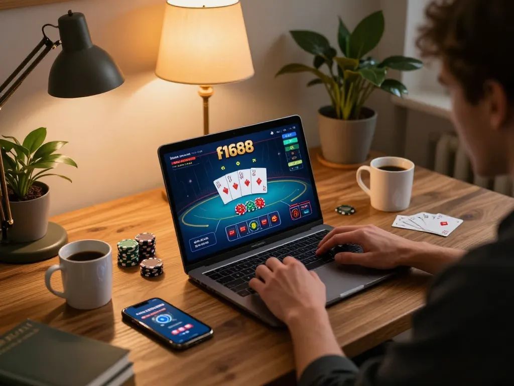 Player enjoying f1688 online poker at home with chips and cards visible
