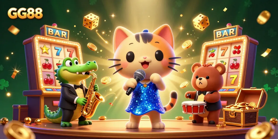 Experience the thrill of GG88 with vibrant casino elements in a dynamic 3D illustration featuring lively characters.