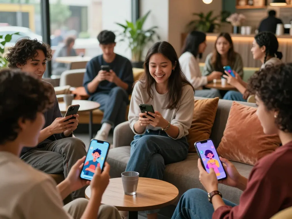 Engaging users communicating with avatars on smartphones through crushon ai in a cozy lounge.