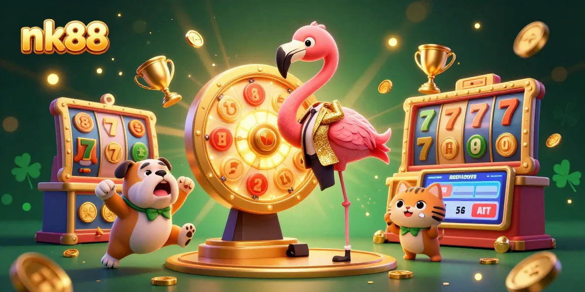 Engage with nk88 through thrilling slots as the flamingo host spins the prize wheel.