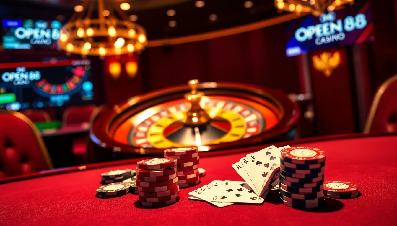 Experience thrilling gameplay at OPEN88 with an elegant casino setting showcasing poker chips and cards.