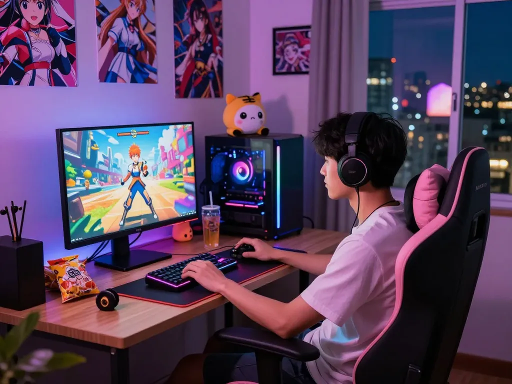 Engaged gamer playing an anime porn game in a cozy bedroom with colorful visuals and ambient lighting.