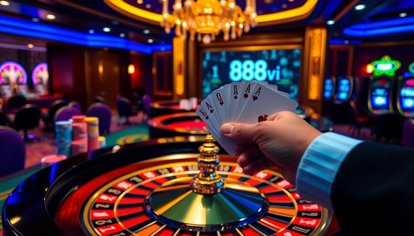 Experience the thrill of 888vi with vibrant casino elements like poker chips and roulette wheels.
