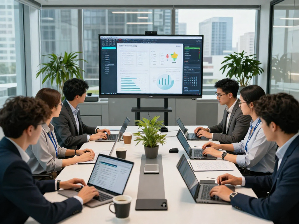 Team collaborating on document fraud detection strategy with laptops in modern office setting.