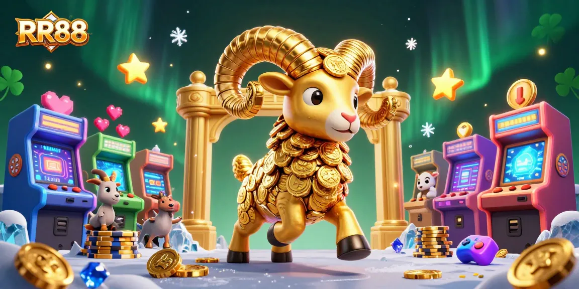 RR88 showcases an exciting casino scene featuring a golden ram charging at a gate surrounded by gaming elements.