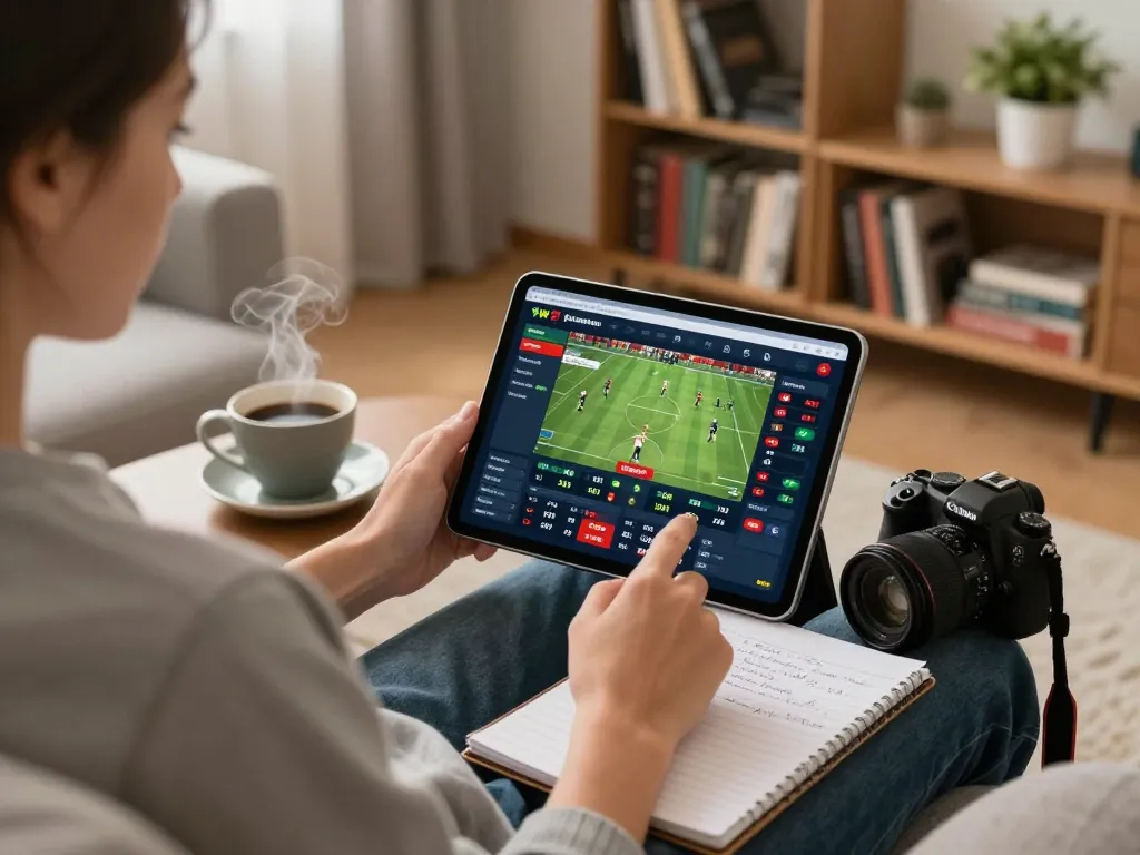 Soi kèo with a focused individual betting online from a cozy home setting, showcasing a tablet with sports betting interface.