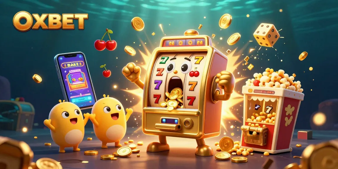 Experience the OXBET excitement with a golden slot machine celebrating a jackpot win amidst dynamic casino elements.