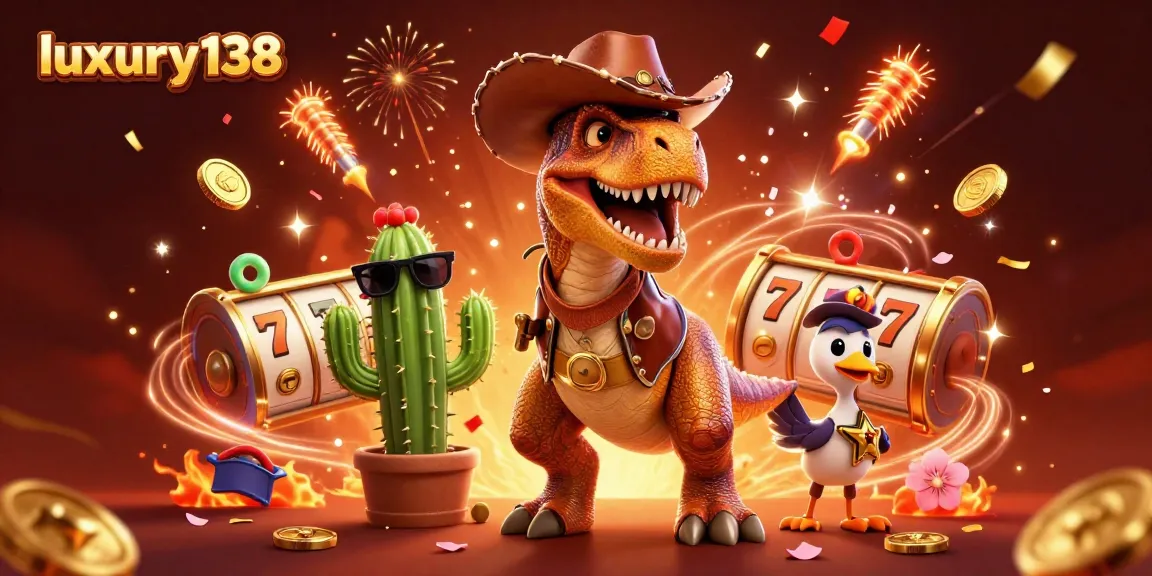 Engage with luxury138's thrilling gaming atmosphere featuring a cartoon cowboy T-Rex and vibrant casino elements.