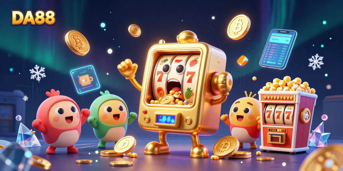 DA88 slot machine hitting a jackpot amidst coins, Bitcoin, and Ethereum elements, celebrating the thrill of gambling