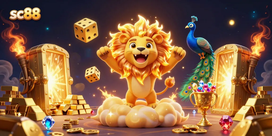 Engage in thrilling gambling experiences with sc88's rich illustration showcasing a cartoon lion and vibrant casino treasures.