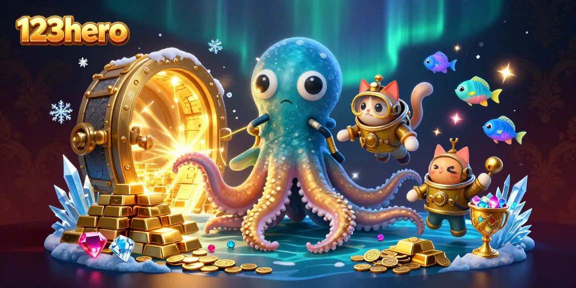 Experience the thrill of 123hero with a spectacular view of a kraken and diving cat in an ocean of riches.